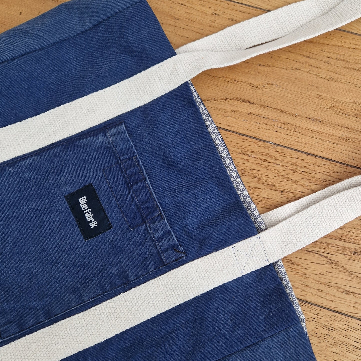 Sac Cabas Bleu & Ecru, doublure géométrique