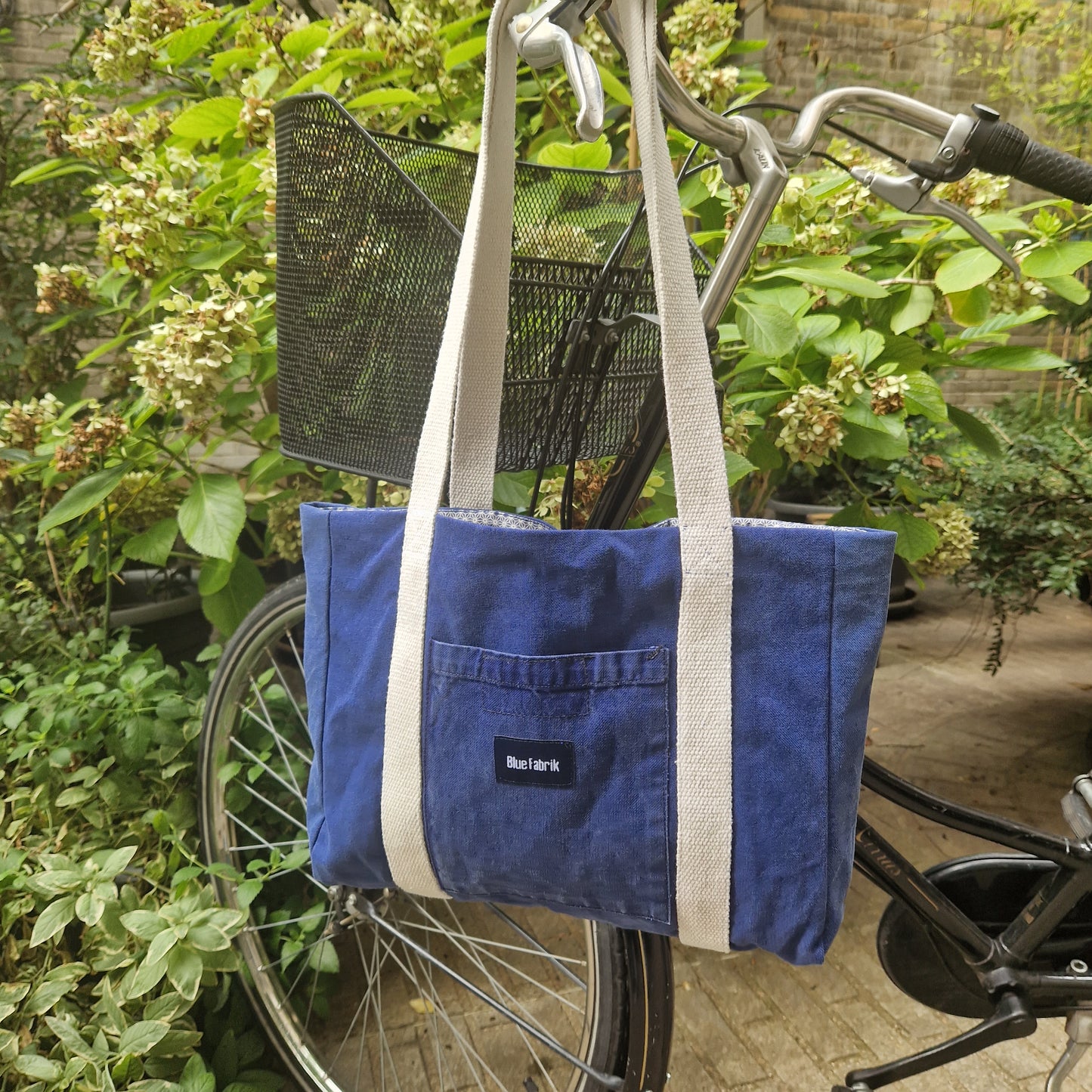 Sac Cabas Bleu & Ecru, doublure géométrique