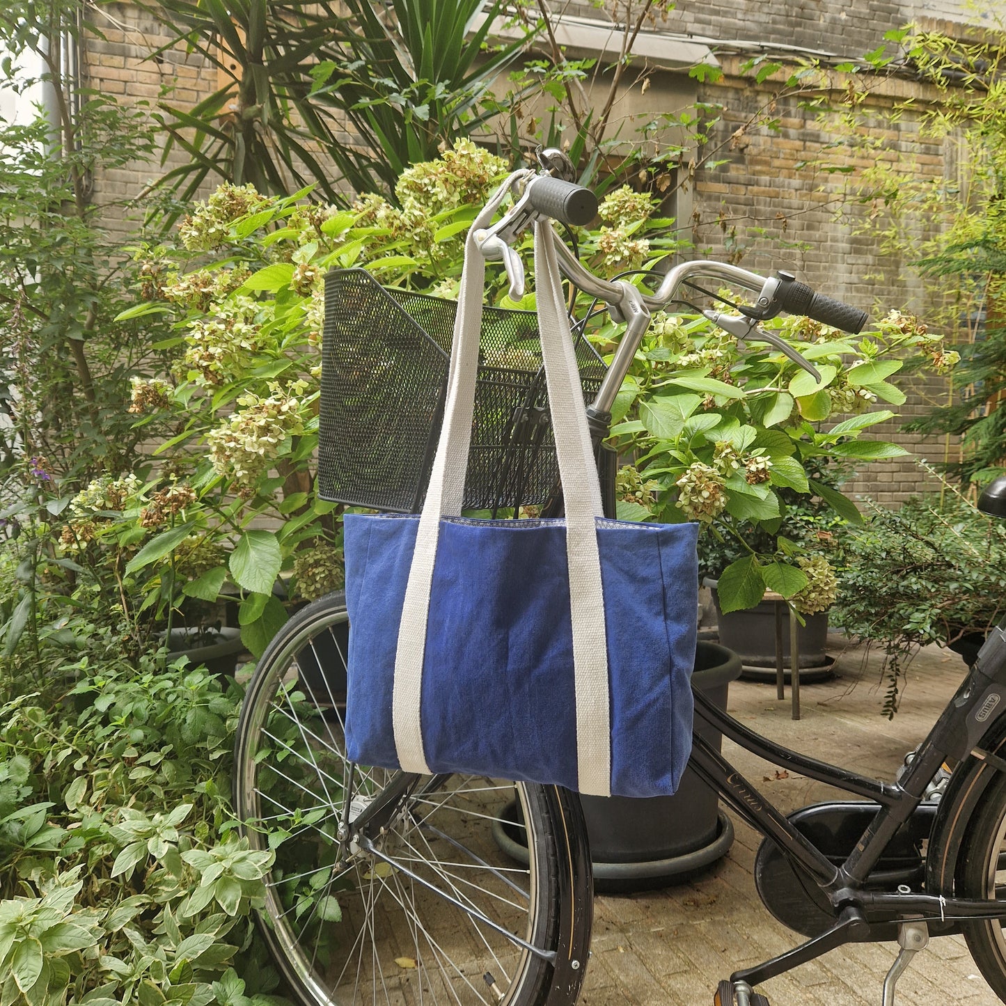 Sac Cabas Bleu & Ecru, doublure géométrique