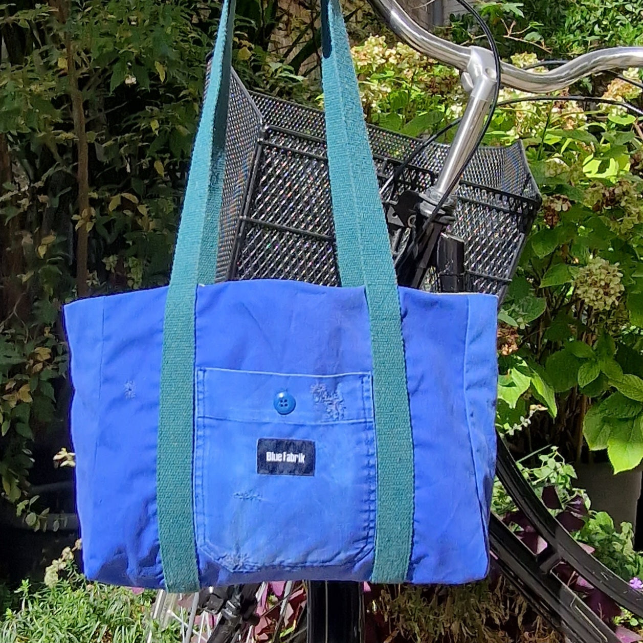 Sac Cabas Bleu & Vert Sapin, doublure jaune à motif géométrique