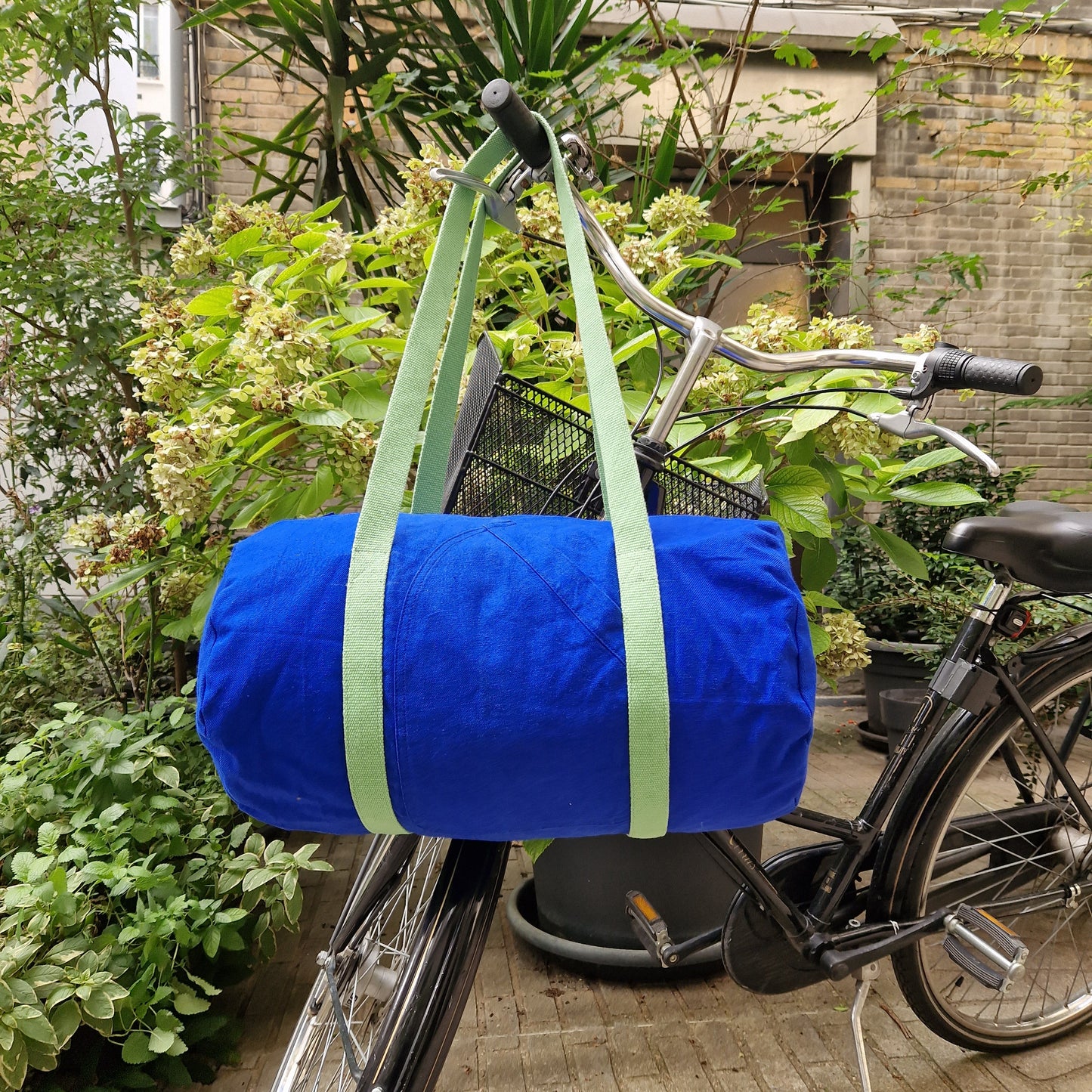 Grand Sac Bowling Bleu & Anis, doublure à carreaux anis - Blue Fabrik