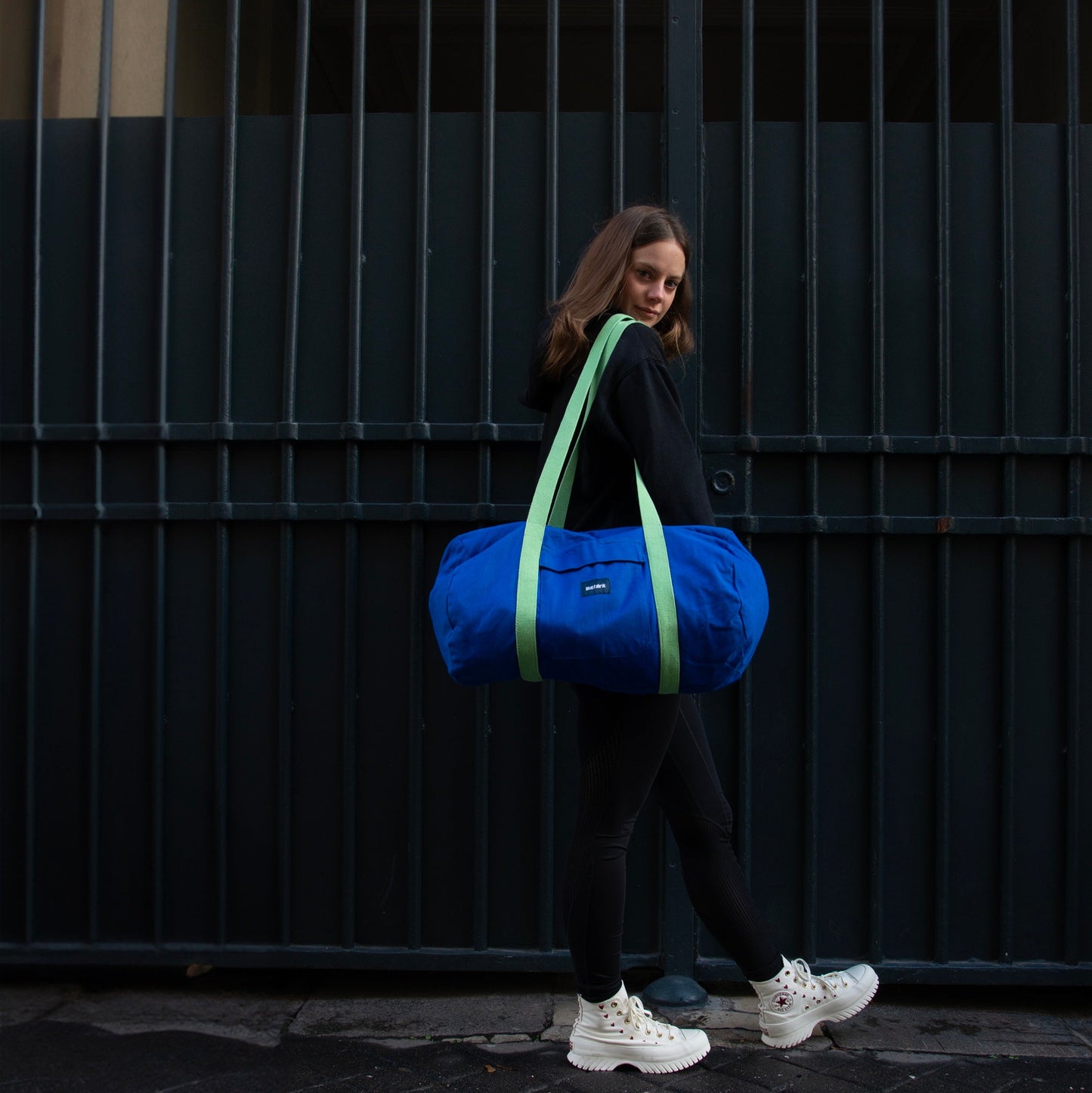 Grand Sac Bowling Bleu & Anis, doublure à carreaux anis - Blue Fabrik