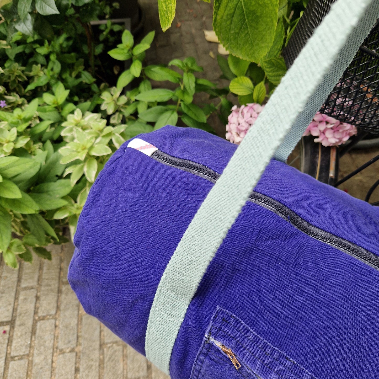 Grand Sac Bowling Bleu & Vert d’eau, doublure fleurie - Blue Fabrik