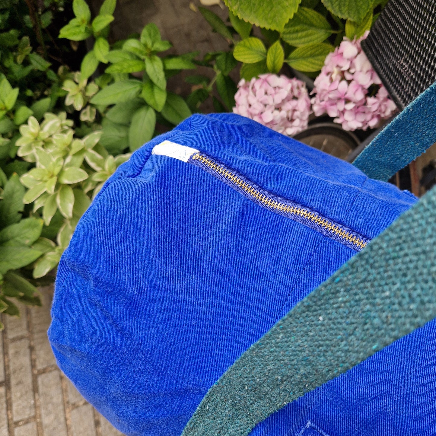 Grand Sac Bowling Bleu & Vert Sapin, doublure fleurie - Blue Fabrik