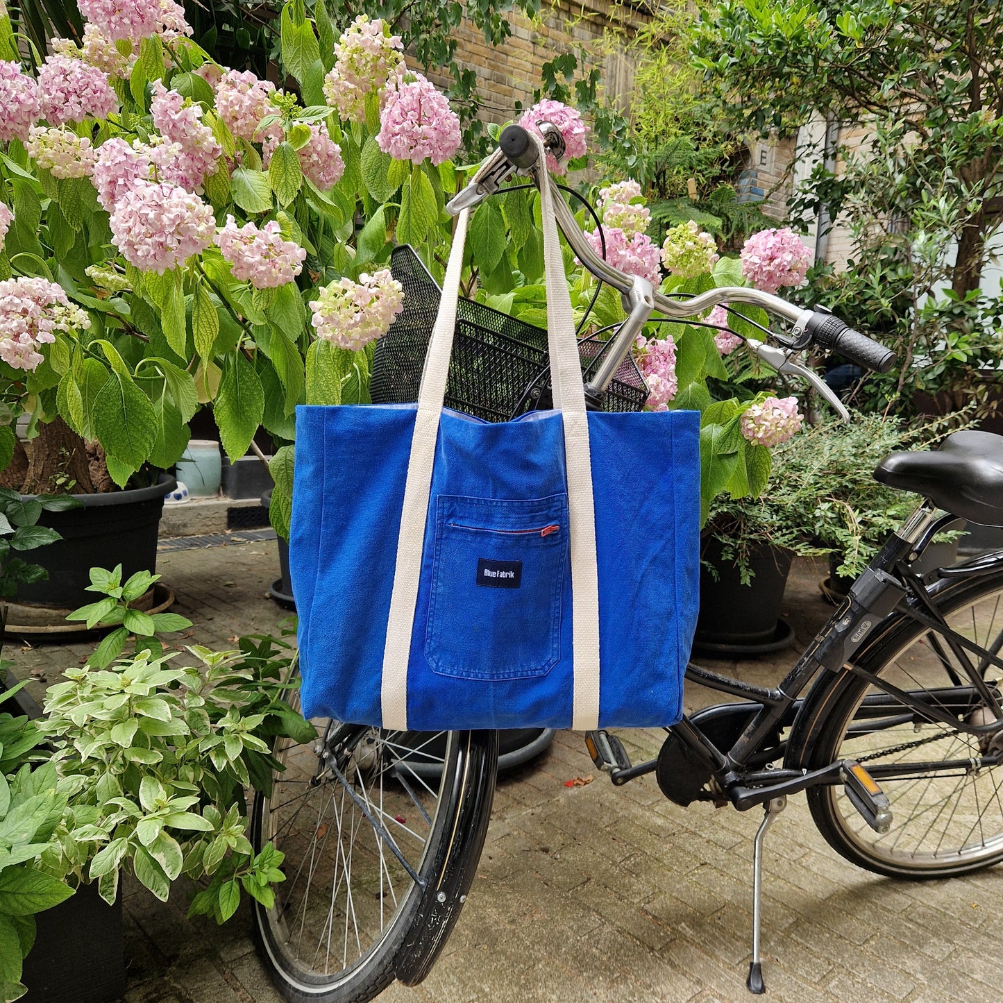 Grand sac Cabas Bleu & Ecru, doublure à carreaux bleu ciel - Blue Fabrik