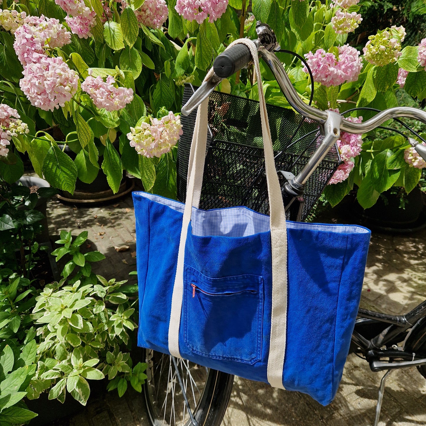 Grand sac Cabas Bleu & Ecru, doublure à carreaux bleu ciel - Blue Fabrik