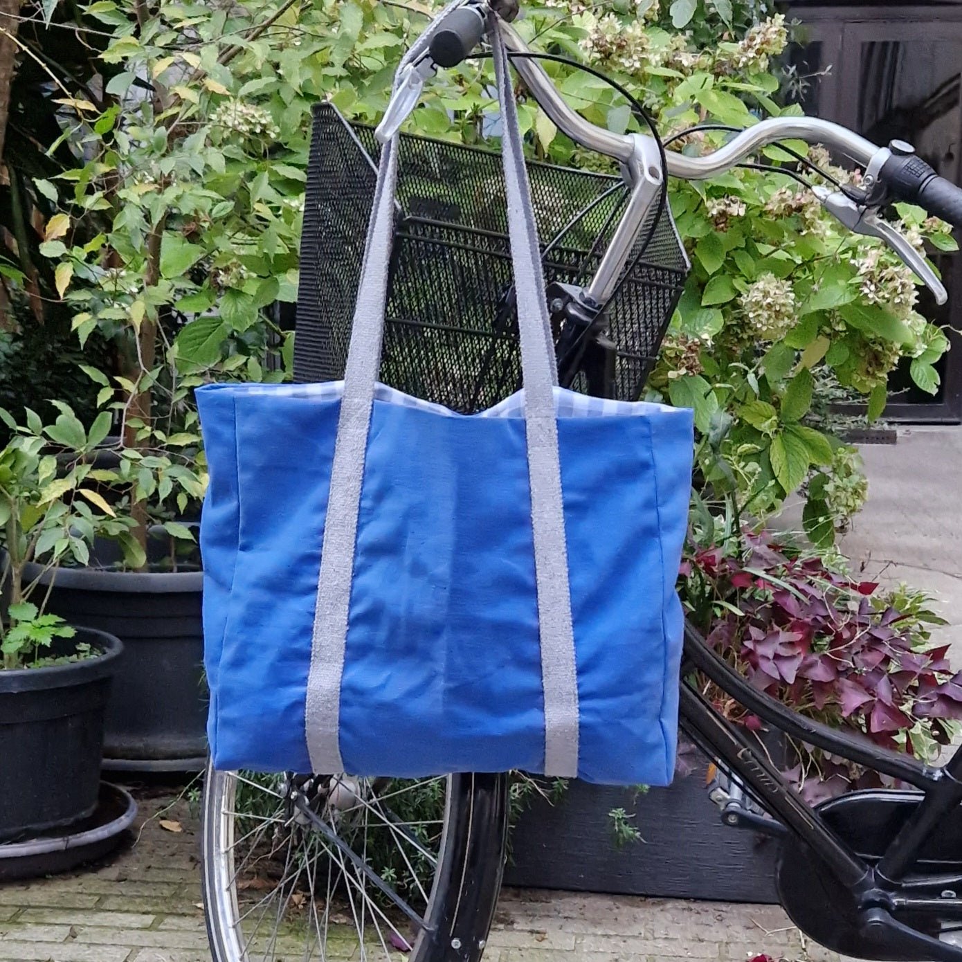 Grand sac Cabas Bleu & Gris clair, doublure à carreaux - Blue Fabrik