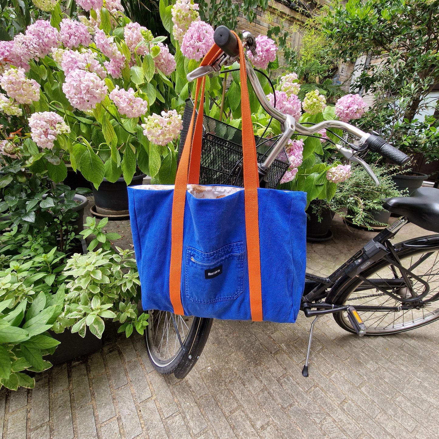 Grand Sac Cabas Bleu & Orange, doublure à fleurs orange - Blue Fabrik
