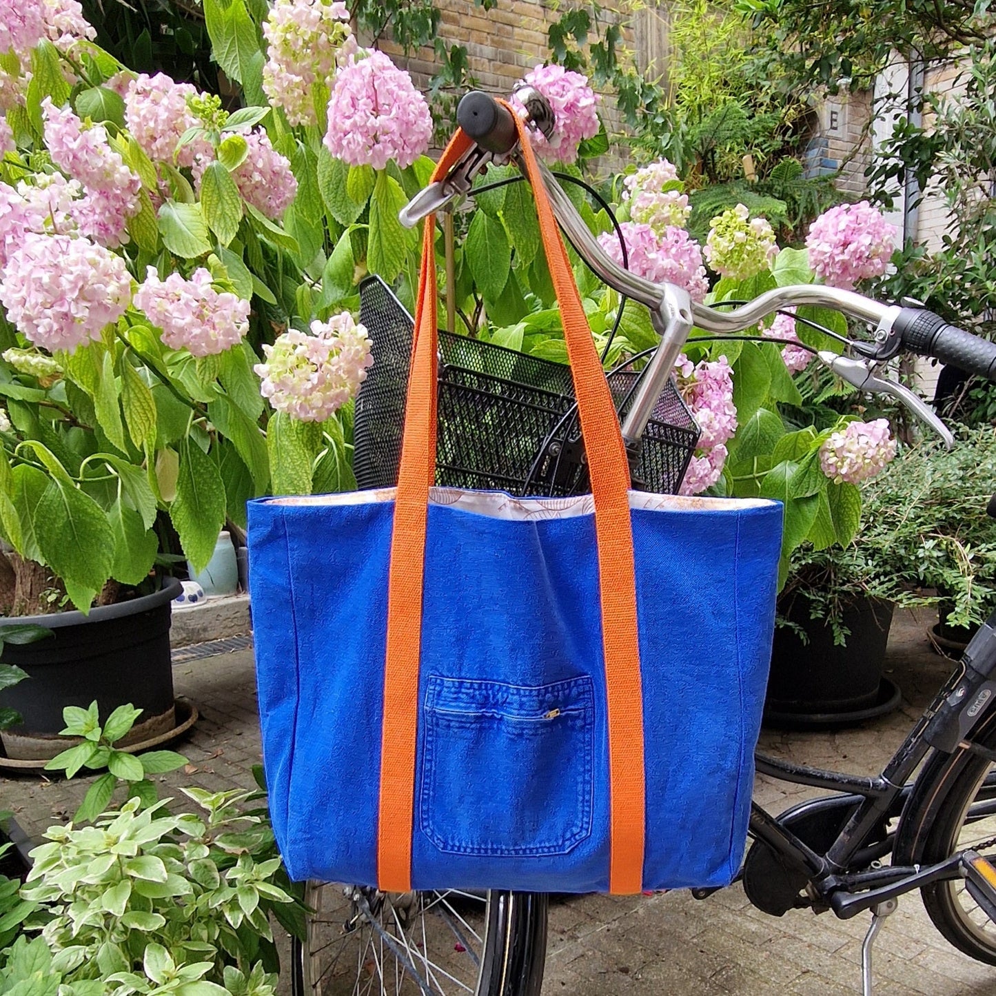 Grand Sac Cabas Bleu & Orange, doublure à fleurs orange - Blue Fabrik