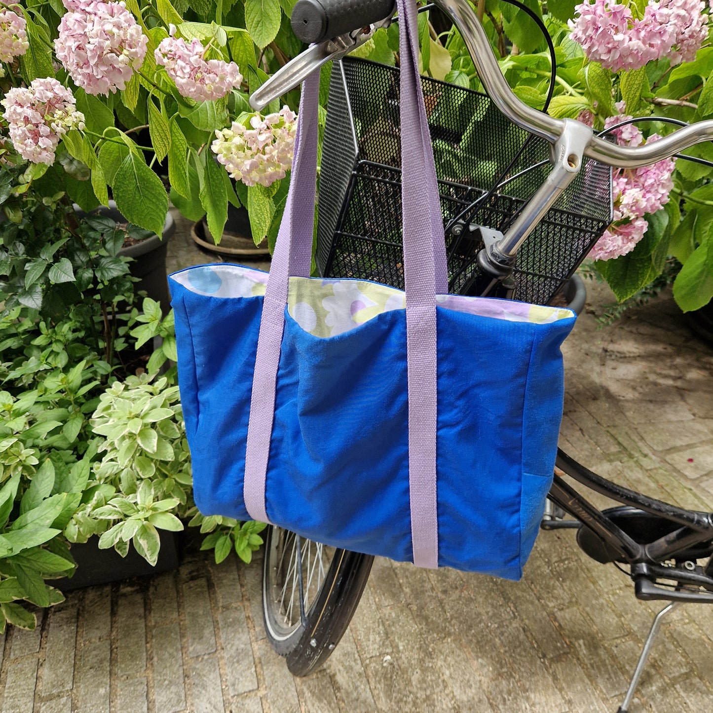 Grand Sac Cabas Bleu & Parme, doublure psychédélique - Blue Fabrik