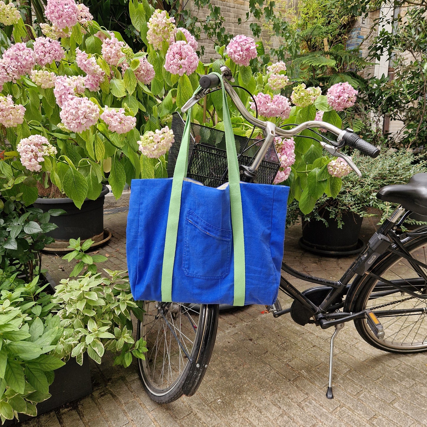 Grand Sac Cabas Bleu & Vert anis, doublure à petites fleurs - Blue Fabrik