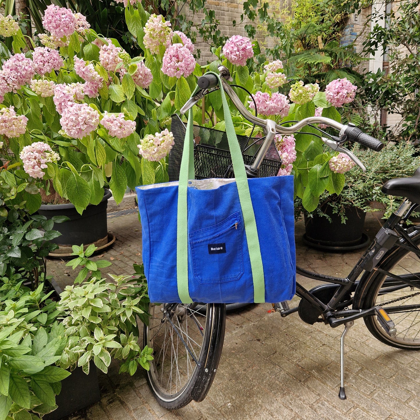 Grand Sac Cabas Bleu & Vert anis, doublure à petites fleurs - Blue Fabrik