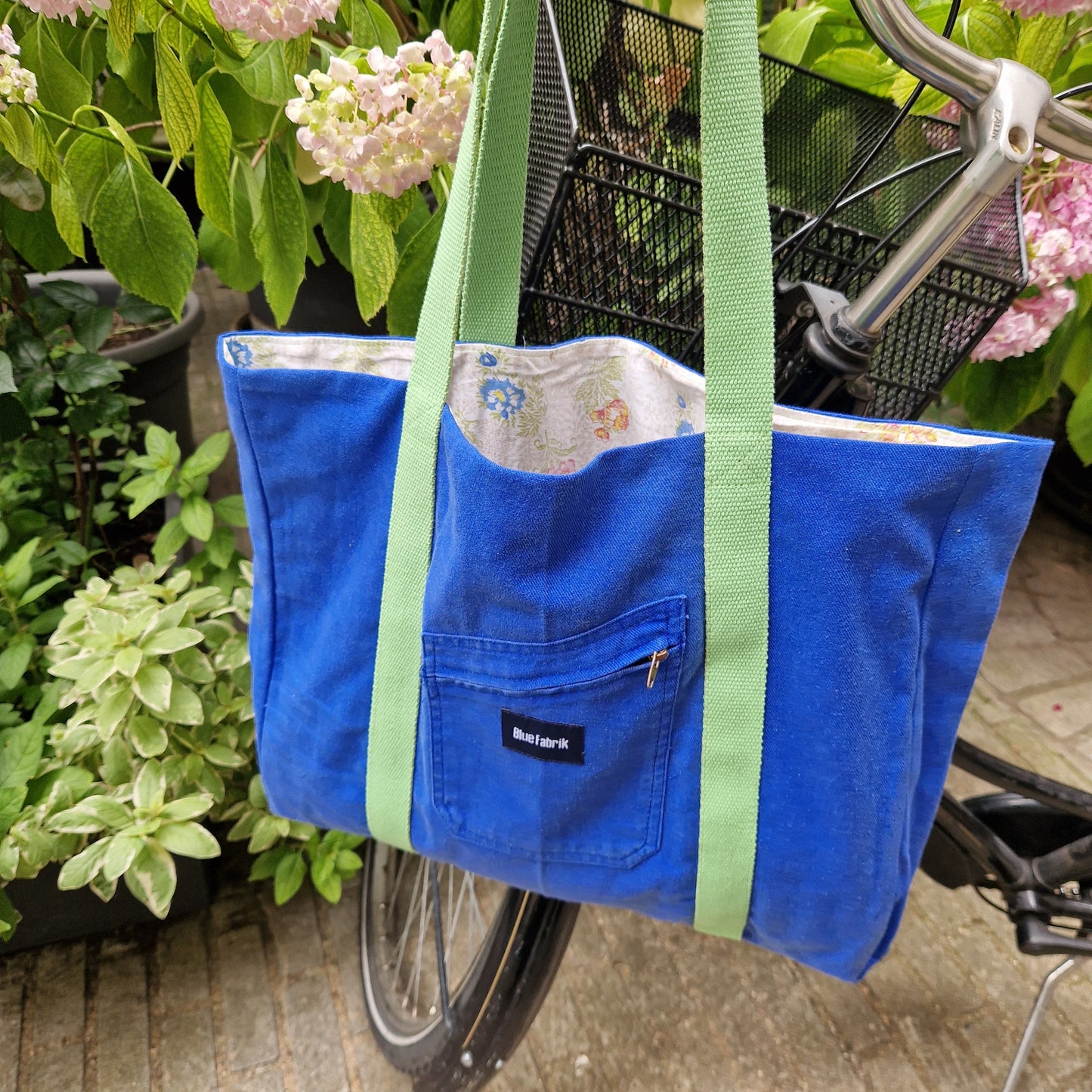 Grand Sac Cabas Bleu & Vert anis, doublure à petites fleurs - Blue Fabrik