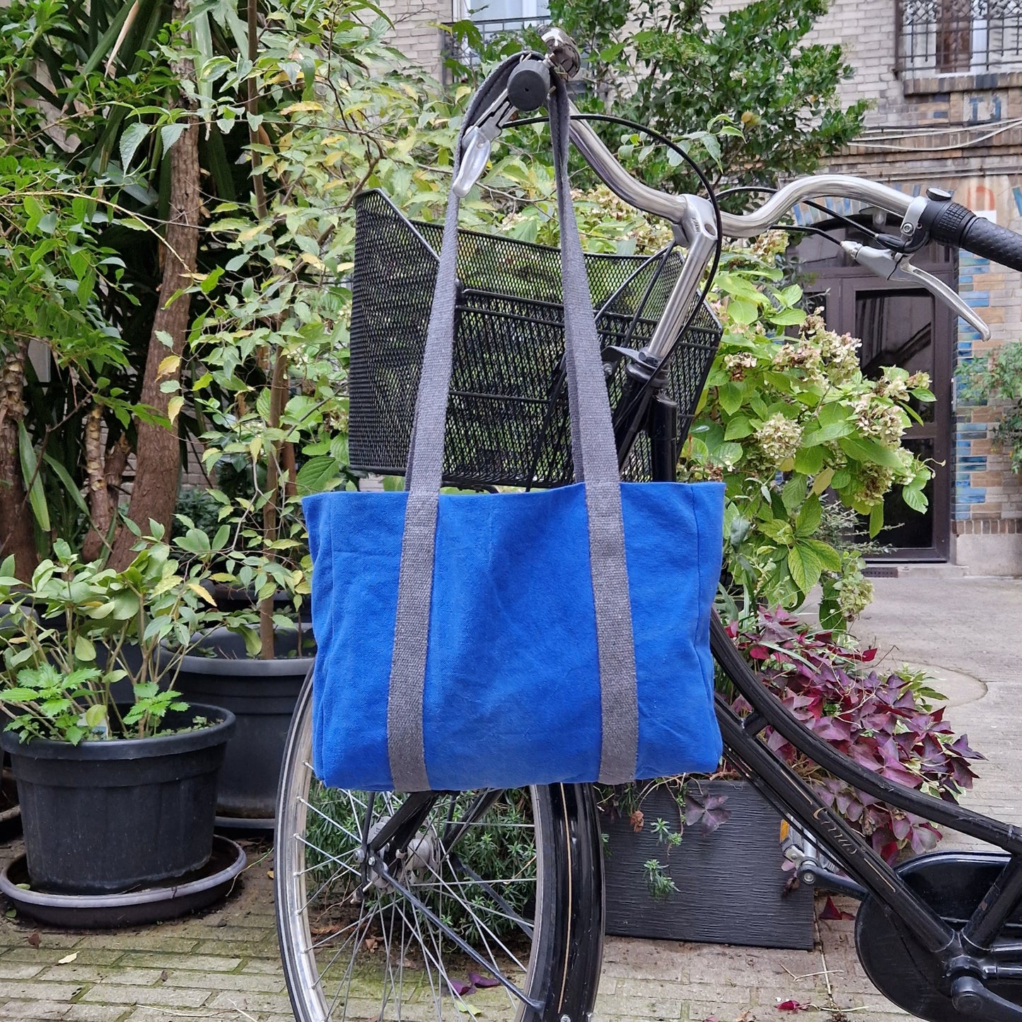 Sac Cabas Bleu & Gris anthracite, doublure à grands carreaux