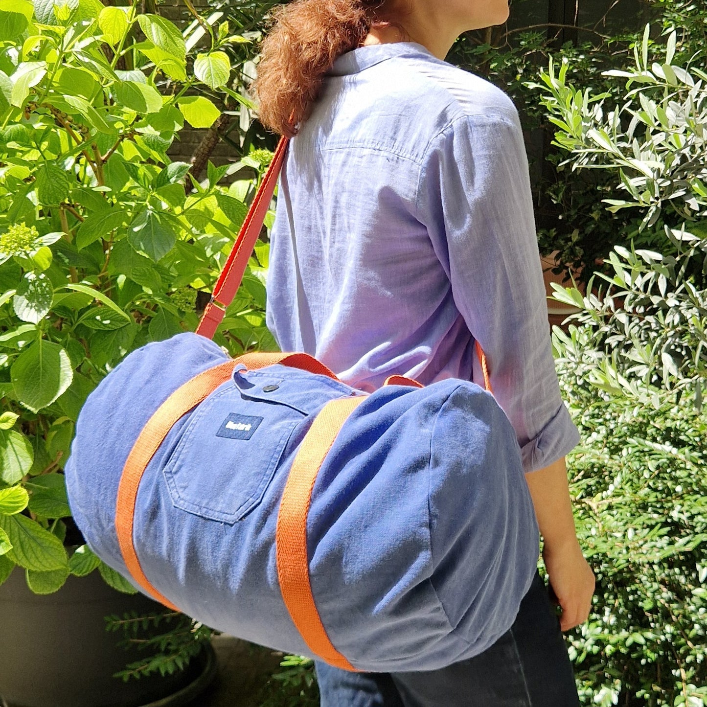 Grand Sac Bowling Bleu & Orange, doublure fleurie - Blue Fabrik