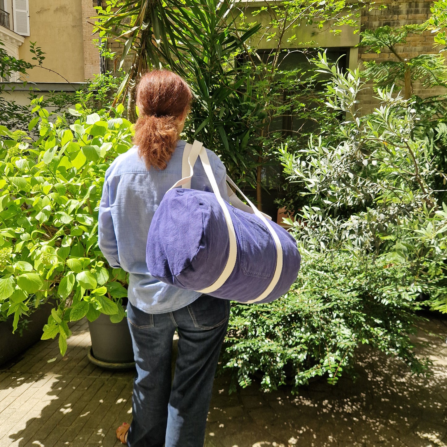 Grand Sac Bowling Bleu & Ecru, doublure fleurie et bandoulière