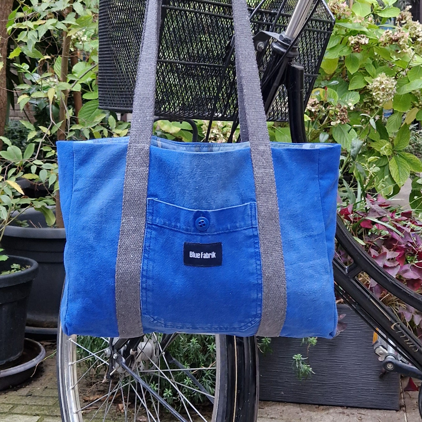 Sac Cabas Bleu & Gris anthracite, doublure à grands carreaux