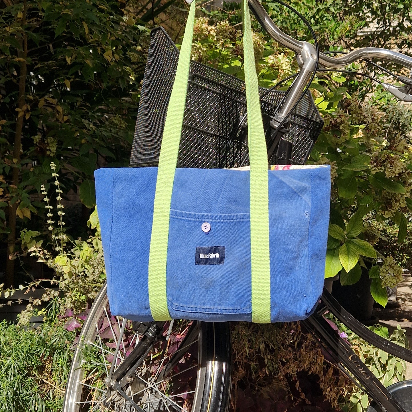 Sac Cabas Bleu & Anis, doublure à grandes fleurs - Blue Fabrik