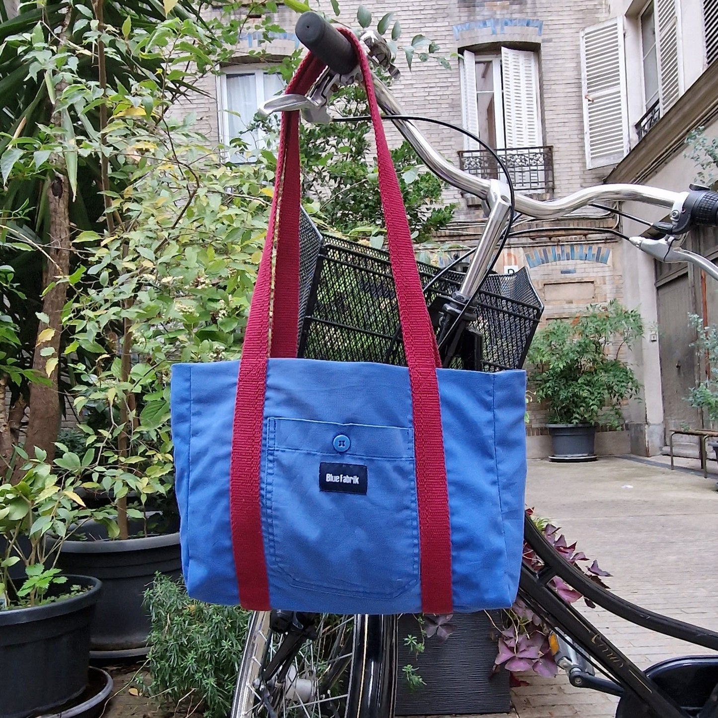 Sac Cabas Bleu & Bordeaux, doublure à carreaux et fleurs - Blue Fabrik