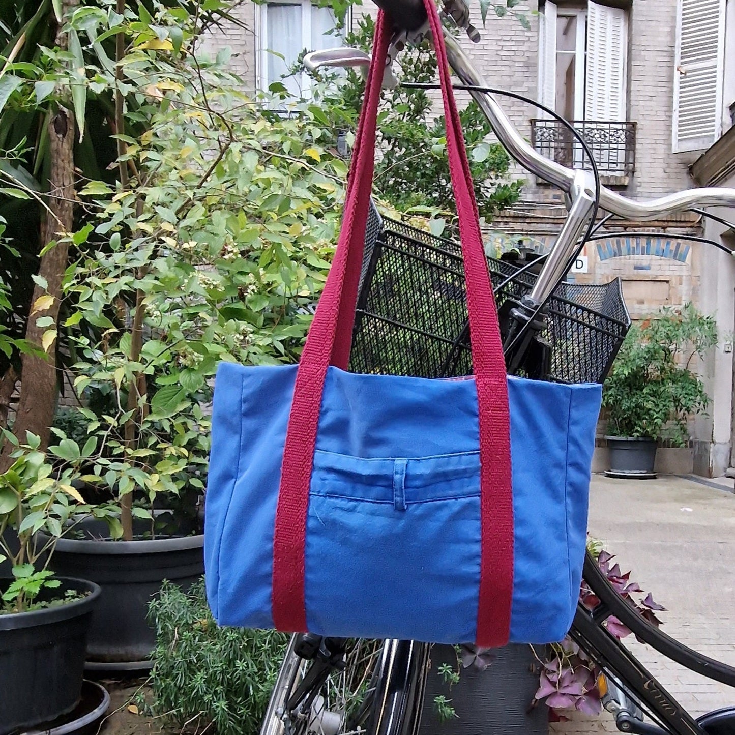 Sac Cabas Bleu & Bordeaux, doublure à carreaux et fleurs - Blue Fabrik