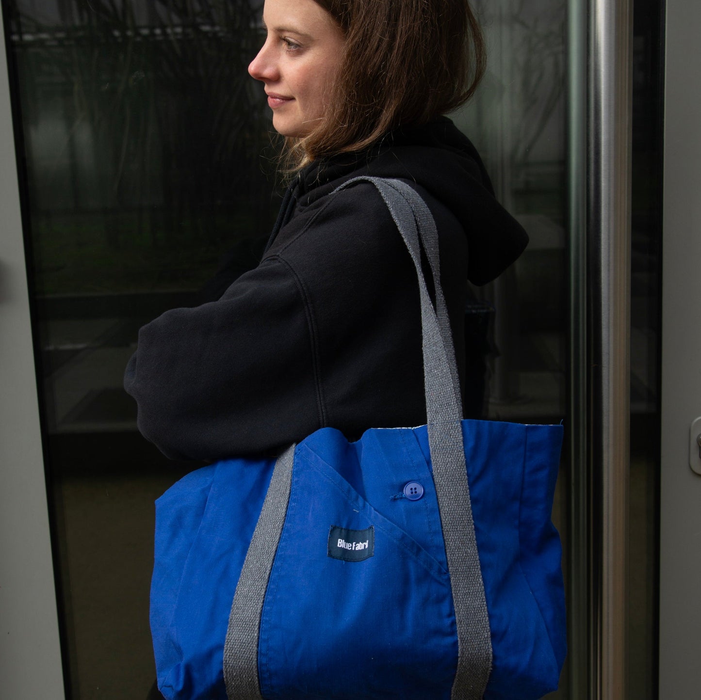 Sac Cabas Bleu & Gris anthracite, doublure à rayures - Blue Fabrik