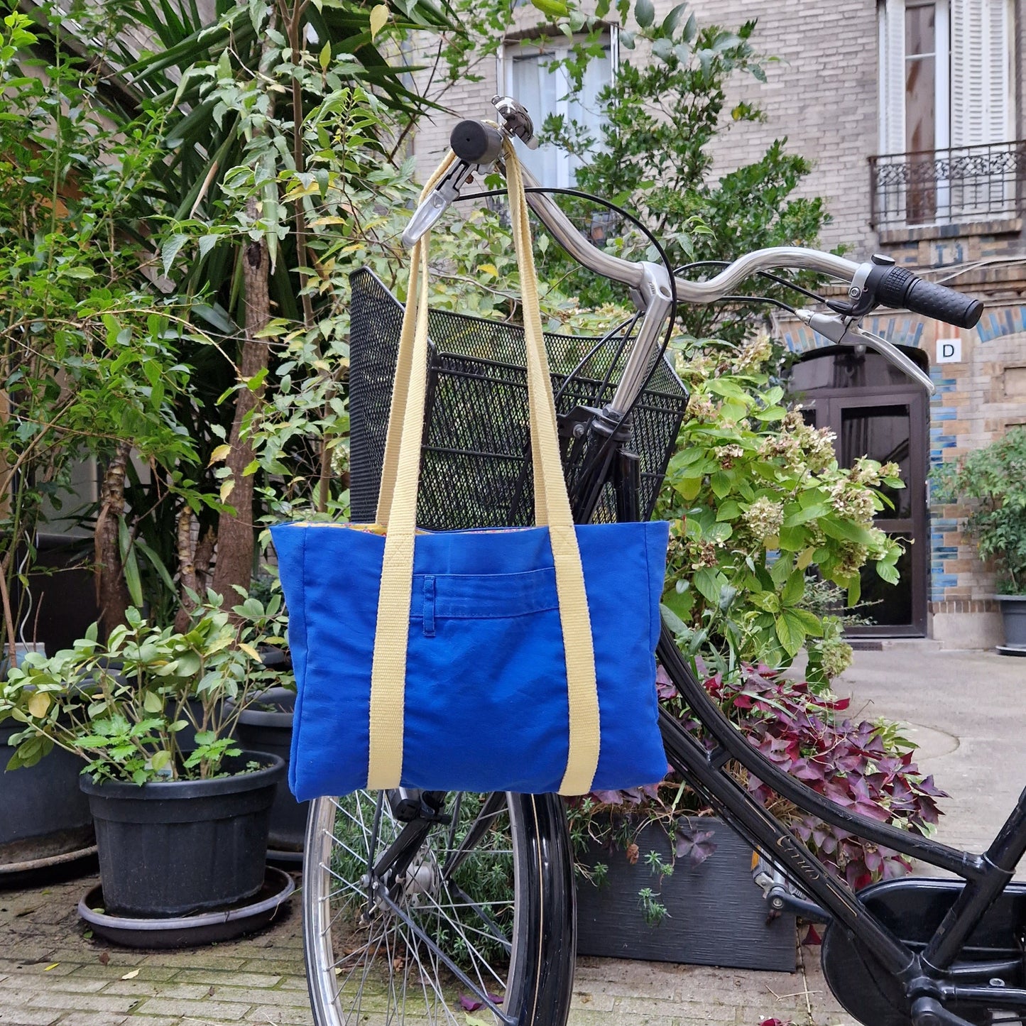 Sac Cabas Bleu & Jaune, doublure à petites fleurs - Blue Fabrik