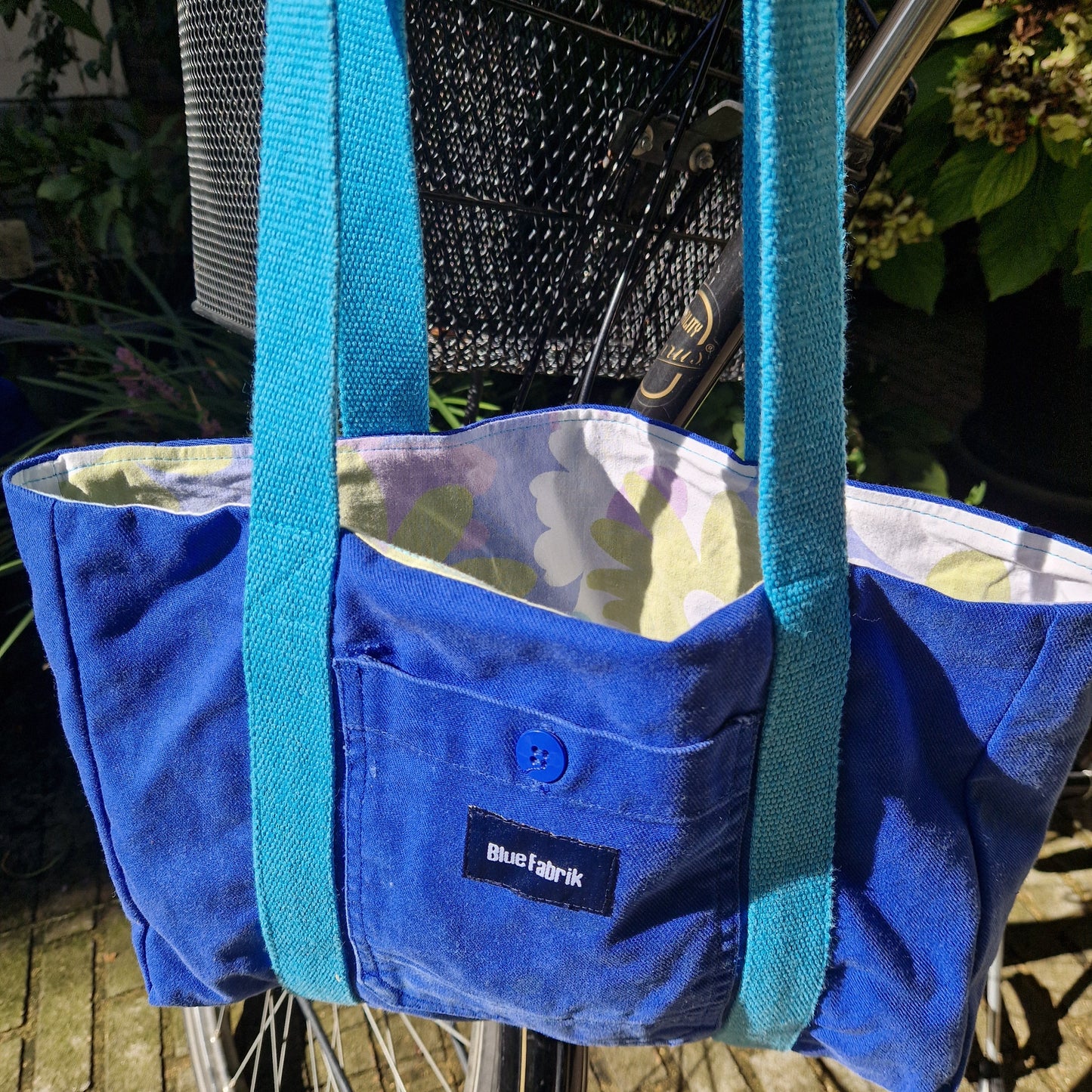 Sac Cabas Bleu & turquoise, doublure à fleurs psychédéliques - Blue Fabrik