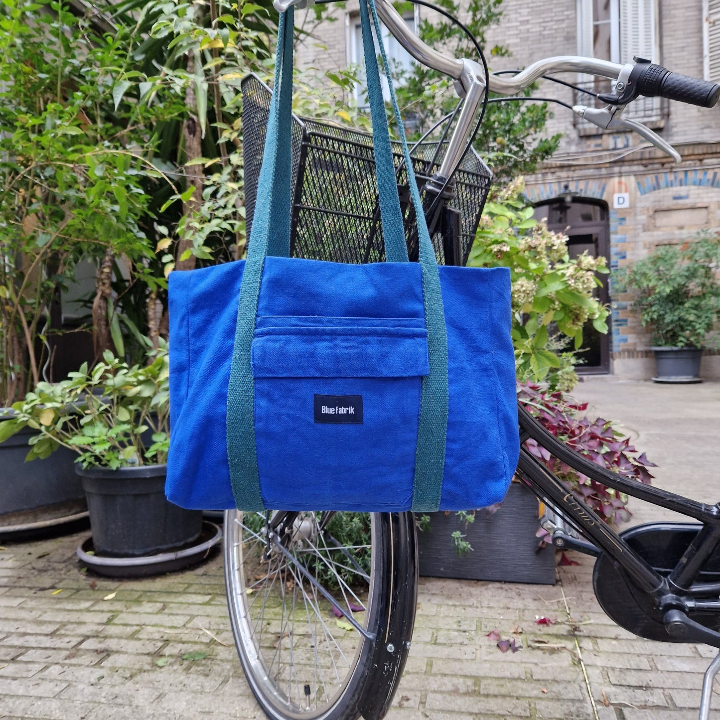 Sac Cabas Bleu & Vert Sapin, doublure à petites fleurs - Blue Fabrik