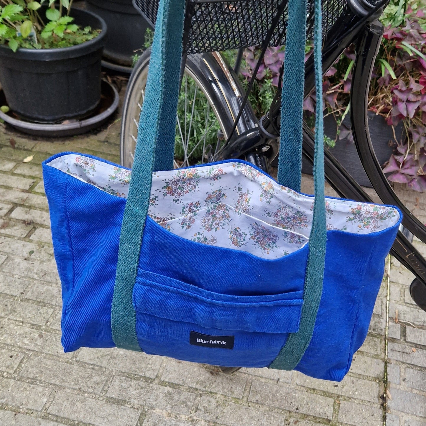 Sac Cabas Bleu & Vert Sapin, doublure à petites fleurs - Blue Fabrik