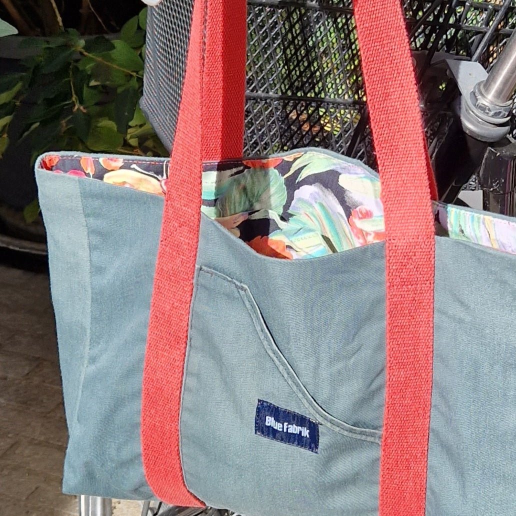 Sac Cabas Vert & Rose, doublure à fleurs bleues - Blue Fabrik