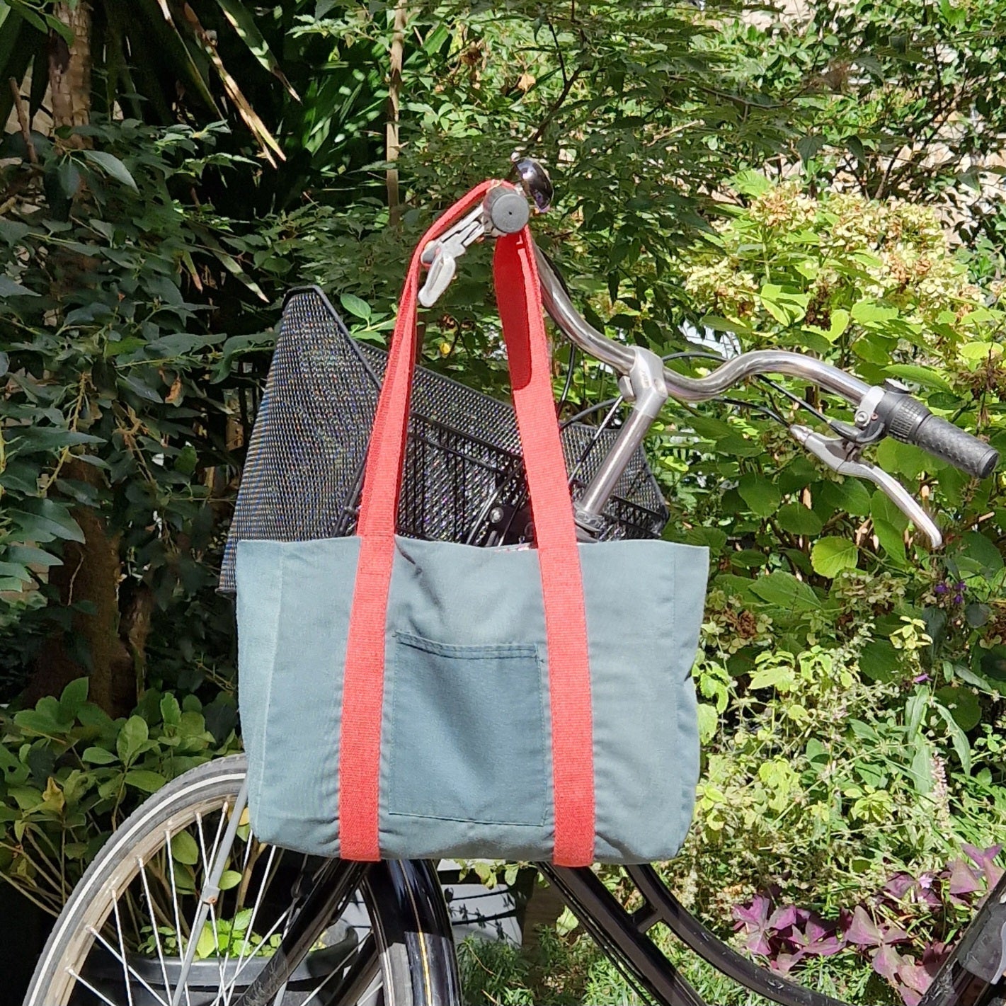 Sac Cabas Vert & Rose, doublure à fleurs bleues - Blue Fabrik