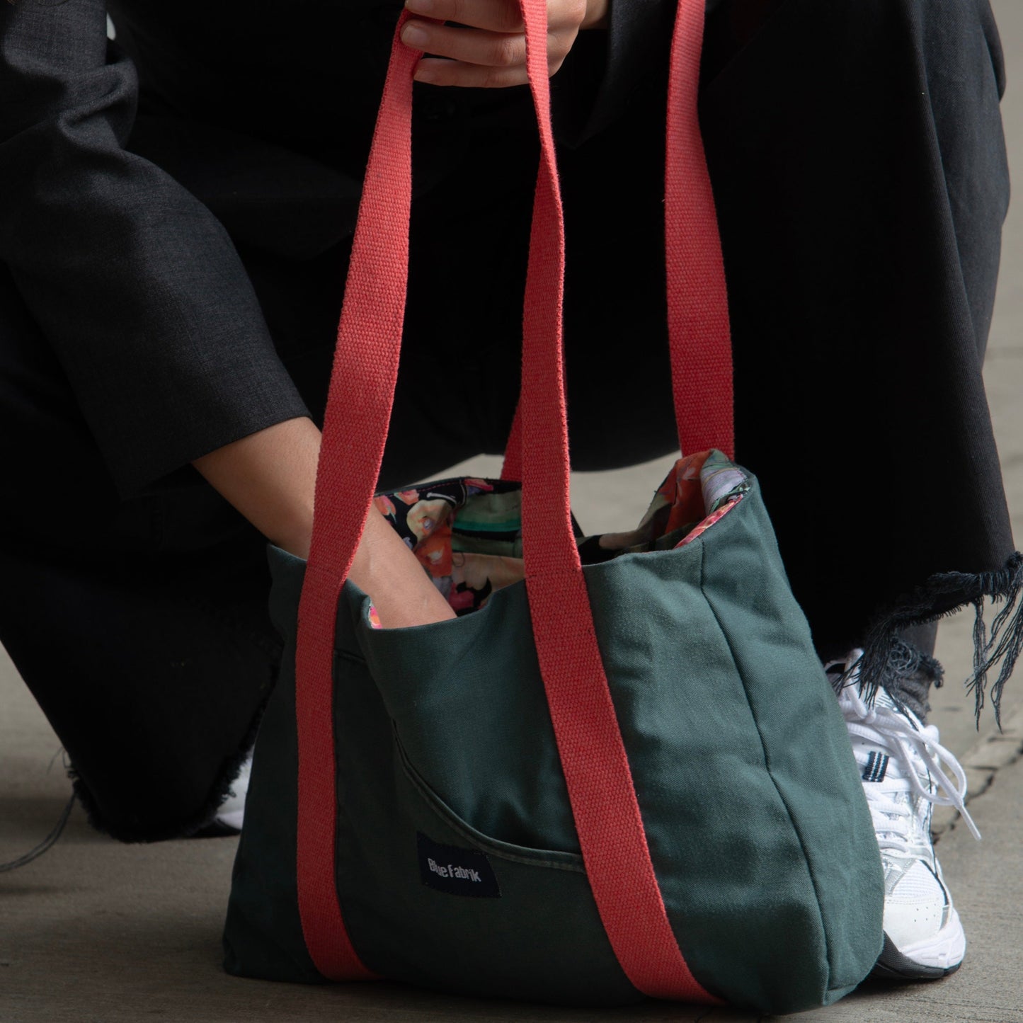 Sac Cabas Vert & Rose, doublure à fleurs bleues - Blue Fabrik