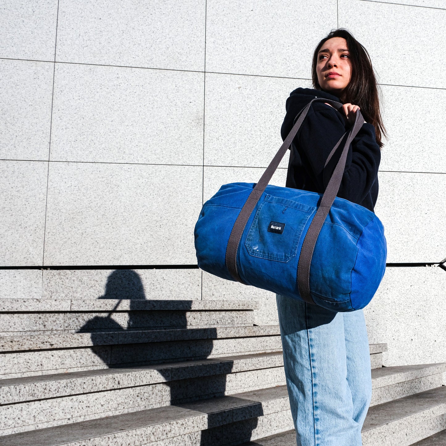 Grand Sac Bowling Bleu & anthracite, doublure grise unie - Blue Fabrik