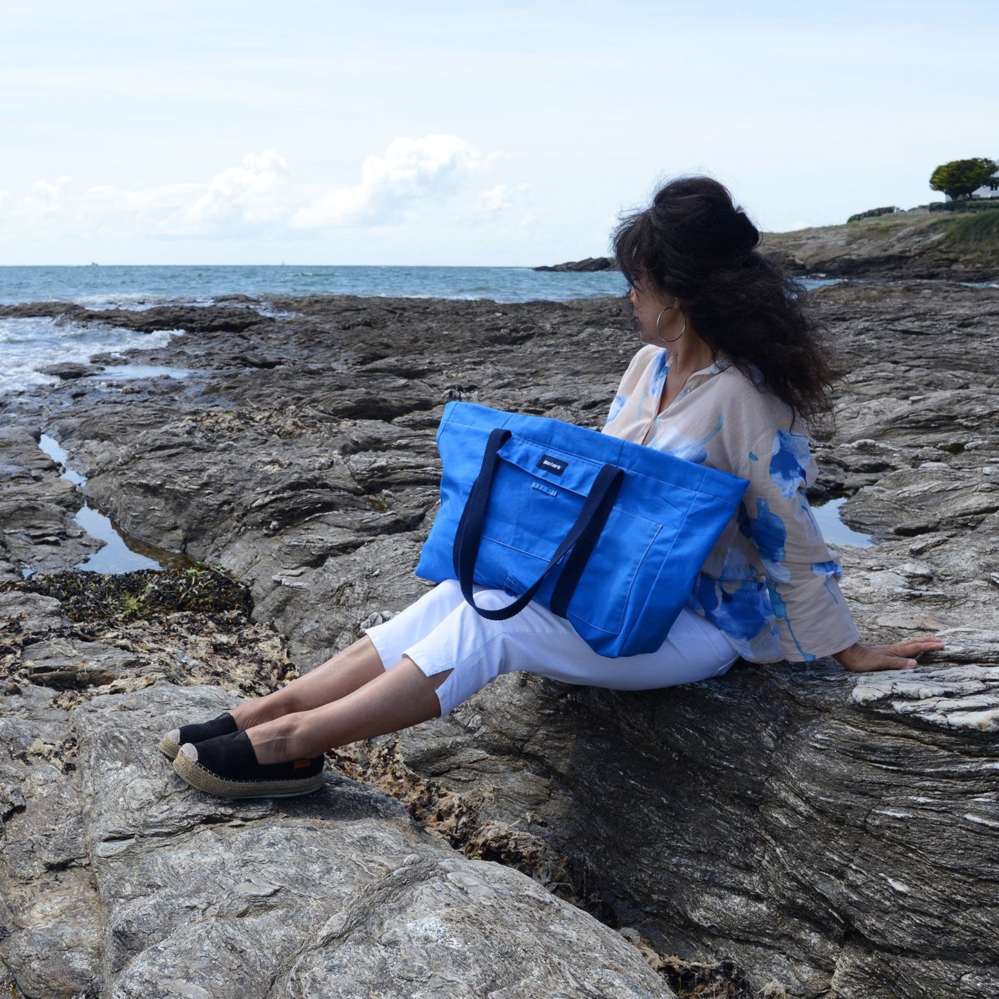 Grand sac Cabas Bleu & Marine, doublure fleurie rose - Blue Fabrik