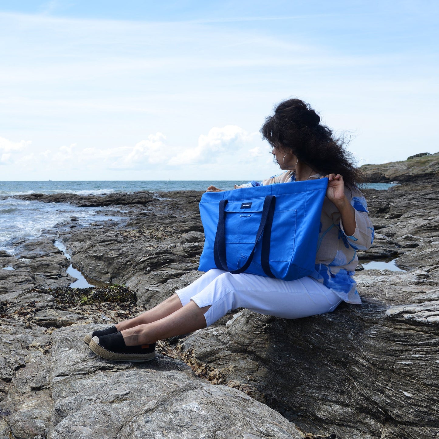 Grand sac Cabas Bleu & Marine, doublure fleurie rose - Blue Fabrik