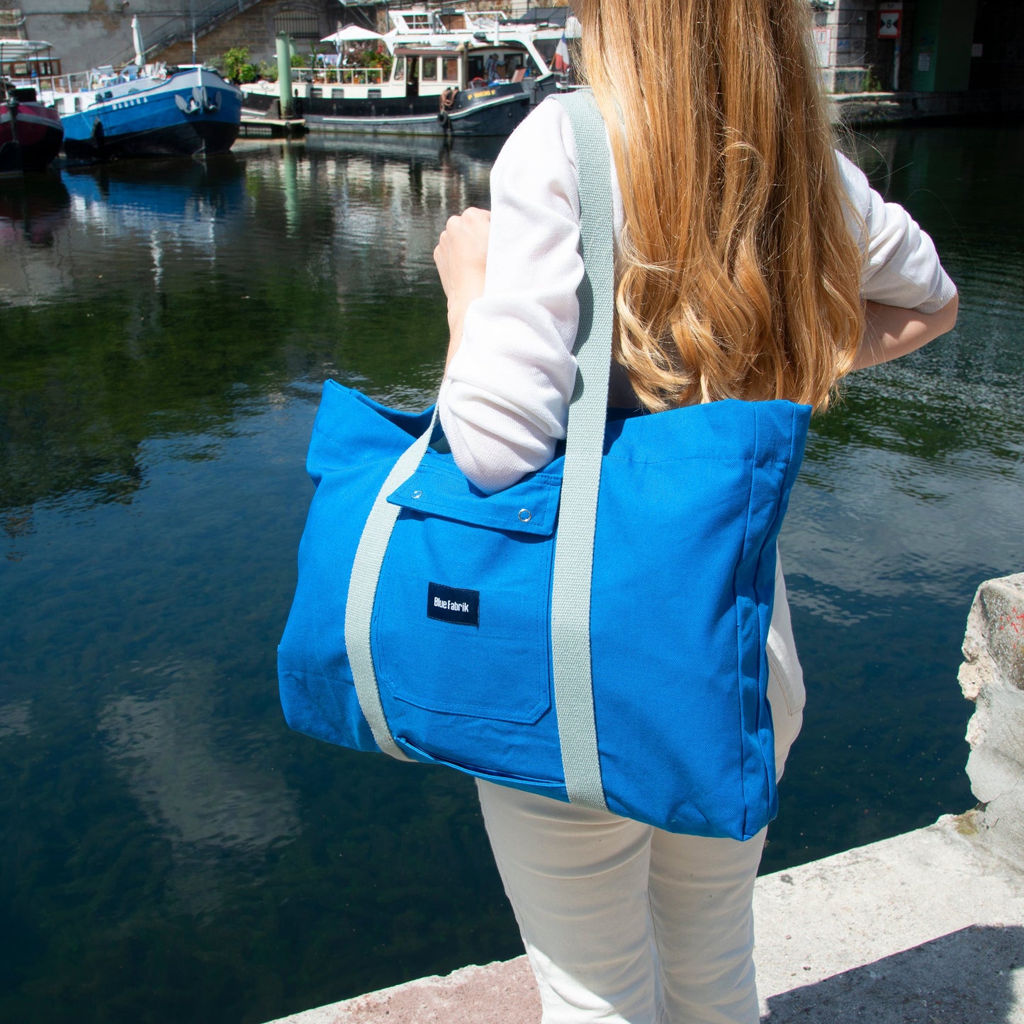 Grand sac Cabas Bleu & Pistache, doublure unie pistache - Blue Fabrik