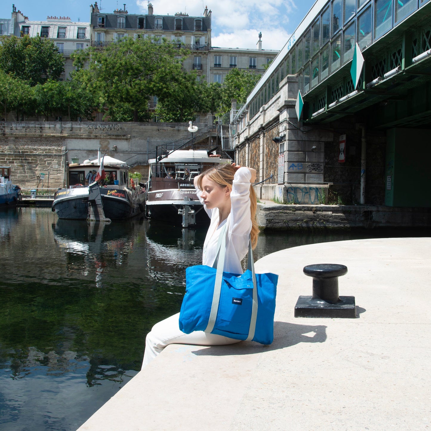 Grand sac Cabas Bleu & Pistache, doublure unie pistache - Blue Fabrik