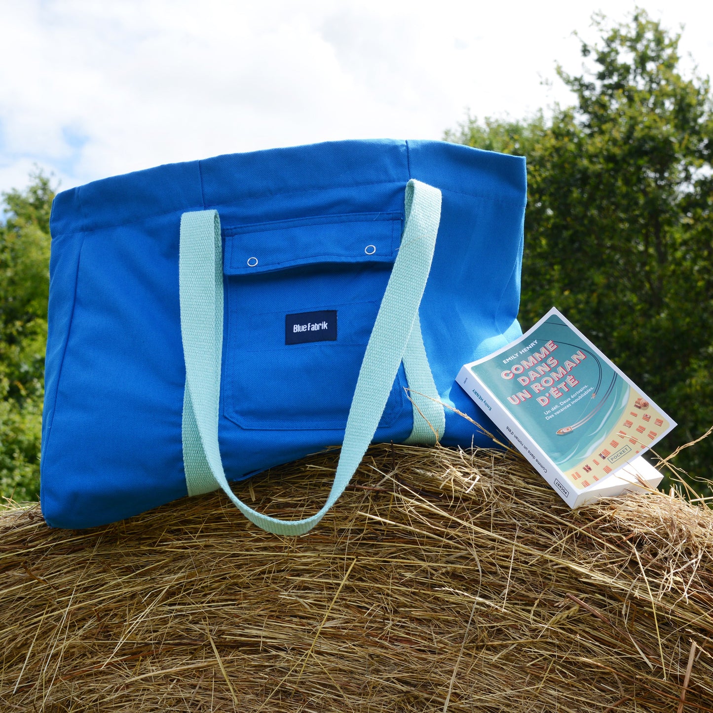 Grand sac Cabas Bleu & turquoise, doublure unie turquoise - Blue Fabrik