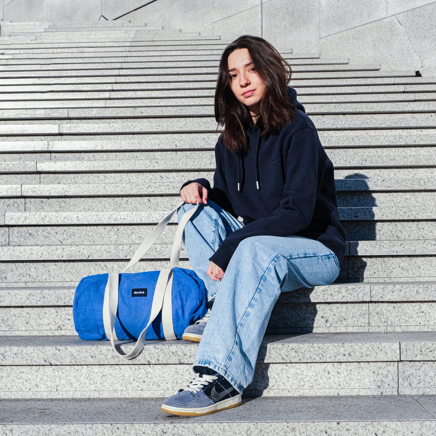 Sac Bowling Medium Bleu & Ecru, doublure rayée - Blue Fabrik