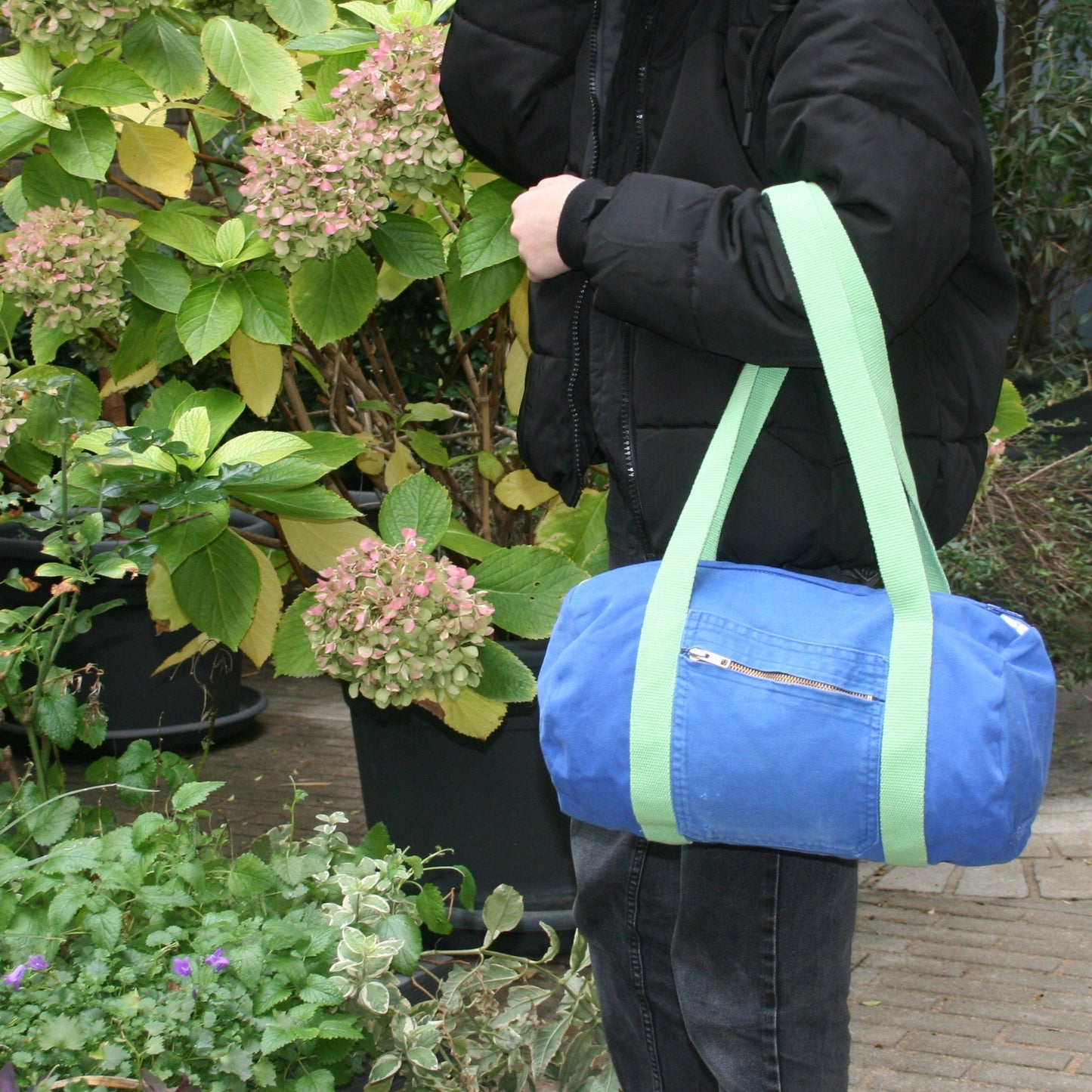 Sac Mini Bowling Bleu & Anis, doublure fleurie - Blue Fabrik
