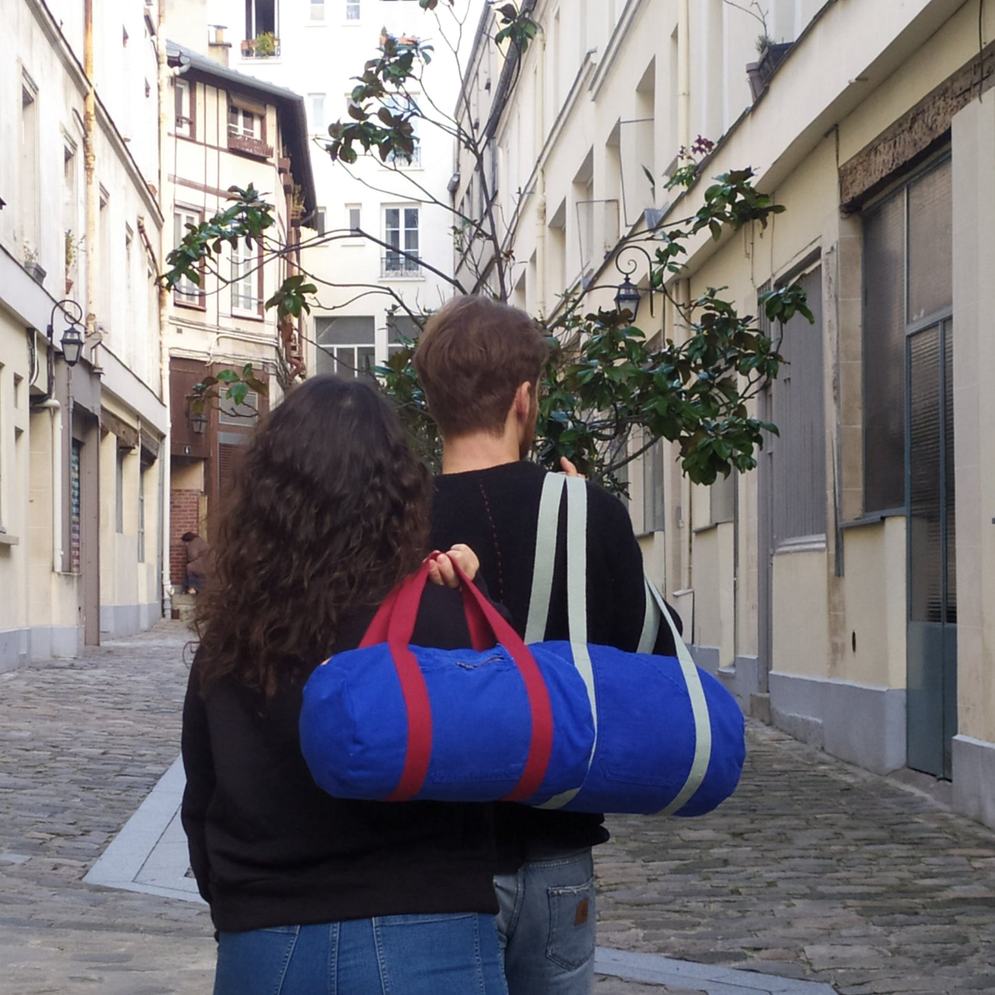 Sac Mini Bowling Bleu & Bordeaux, doublure unie jaune - Blue Fabrik