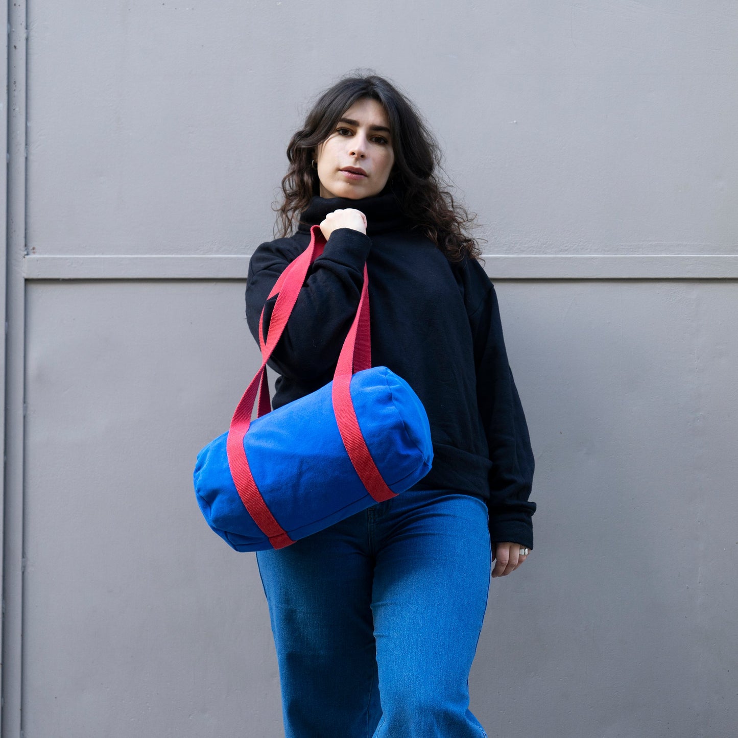Sac Mini Bowling Bleu & Cerise, doublure unie jaune - Blue Fabrik
