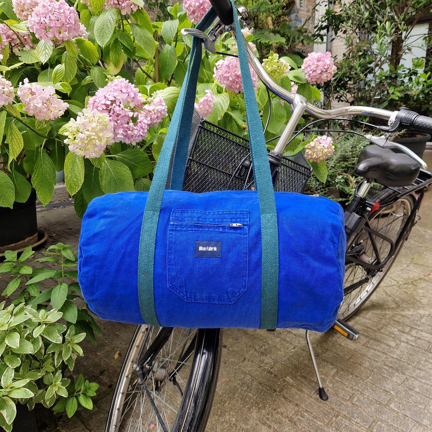 Maxi Sac Bowling Bleu & Vert Sapin, doublure fleurie