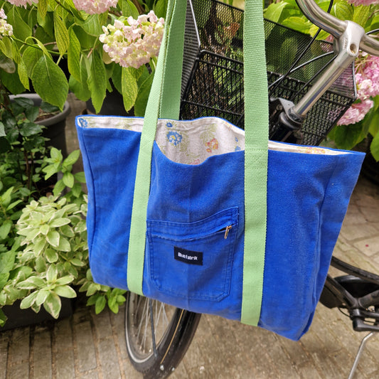 Sac Maxi Cabas Bleu & Vert anis, doublure à petites fleurs