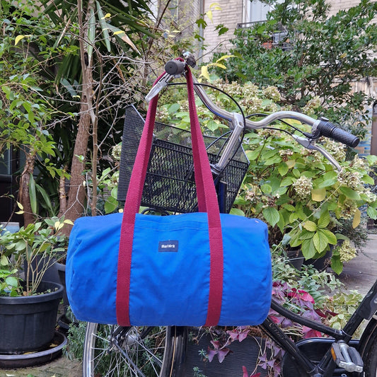 Grand Sac Bowling Bleu & Bordeaux, doublure à carreaux et fleurs - Blue Fabrik