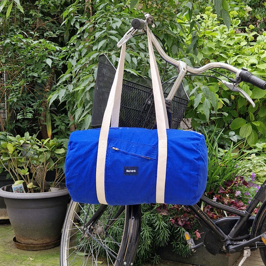 Grand Sac Bowling Bleu & Ecru, doublure à fleurs rouge - Blue Fabrik