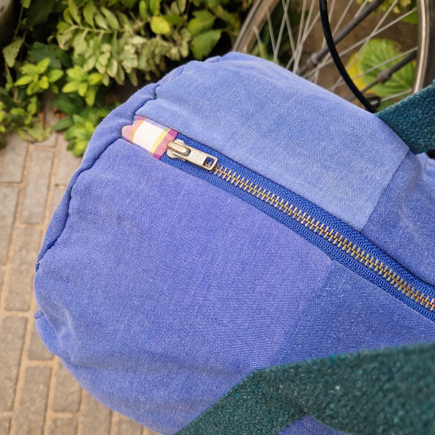 Grand Sac Bowling Bleu & Vert Sapin, doublure à carreaux - Blue Fabrik