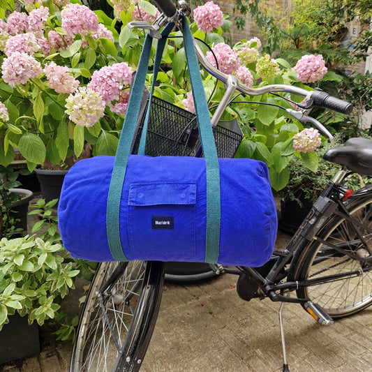 Grand Sac Bowling Bleu & Vert Sapin, doublure à fleurs bleues - Blue Fabrik