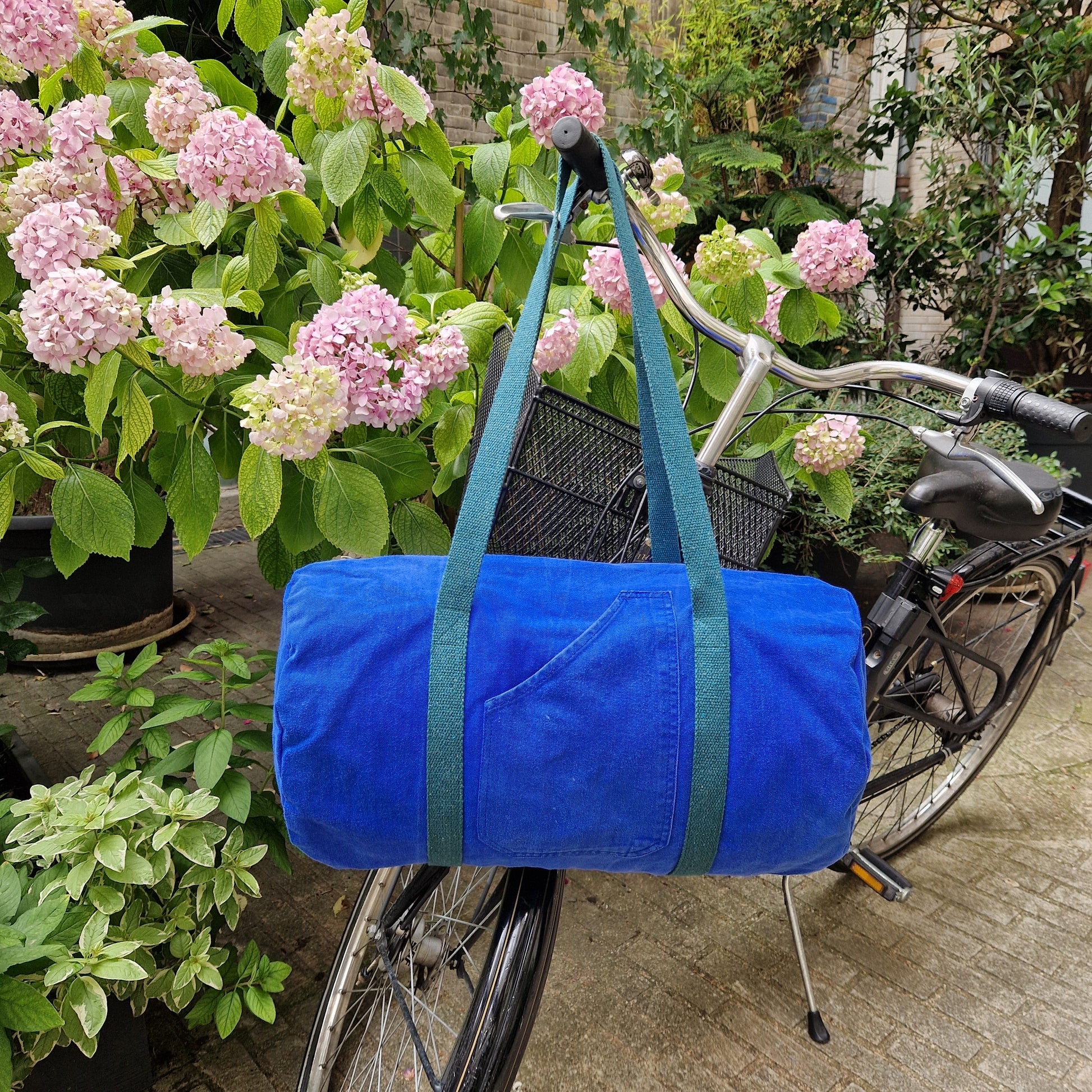 Grand Sac Bowling Bleu & Vert Sapin, doublure fleurie - Blue Fabrik