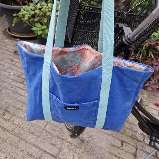 Grand sac Cabas Bleu & Bleu clair, doublure à grandes fleurs - Blue Fabrik